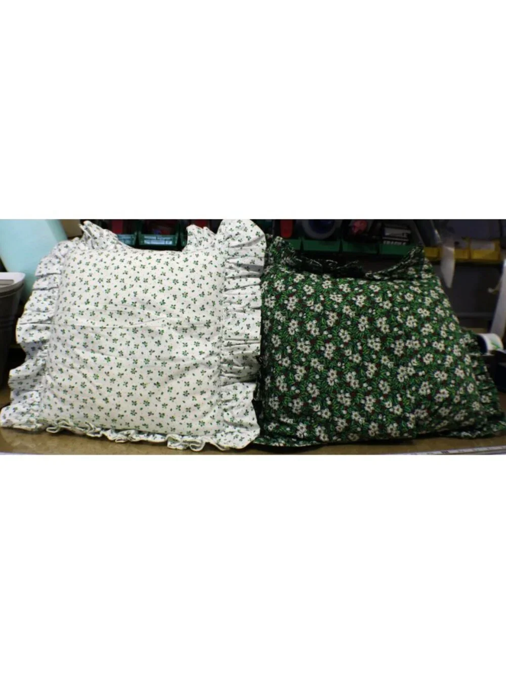 Set 2 Handmade Ruffled Quilted Throw Pillows Holiday Green White Holly Pattern